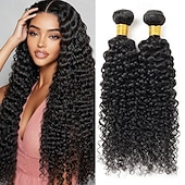 cheap 2 Bundles Human Hair Weaves-Brazilian Hair Human Hair 1B # Natural Black Curly Wave Human Hair 2 Bundles 200g 10-28 inches