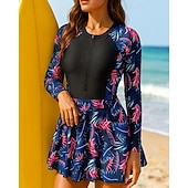 abordables Rash Guards Une Pièce-Femmes Maillot Anti UV Maillot de bain à imprimé floral Maillot de bain Tropical Protection UV Élastique manche longue Maillot de Bain Surf Plage Natation Été