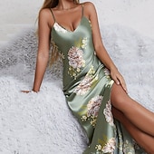 halpa Naisten haalarit-Naisten Yöpaita Vapaa-aika Pehmeä Satiini Kukka Avoin selkä Päivittäin Koti Sänky Hihaton hihnat Sininen Musta Rubiini Apila Kesä Loose Fit