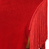 preiswerte Turnierkleid-Rotes Samtkleid für lateinamerikanische Tänze – langärmeliges Bühnenkleid mit Stehkragen aus Netzgewebe und asymmetrischem Fransensaum