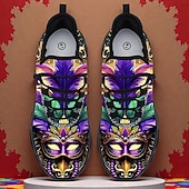 cheap Men's Shoes-Men's Mardi Gras Purple and Green Carnival Slip-On Shoes with Feather Mask Pattern – Comfortable and Stylish Footwear for Carnival, Parades and Festivals