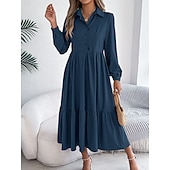 cheap Plain Dress-Women's Midi Dress A Line Dress Casual Daily Regular Fit Plain Long Sleeve Lapel Blue Navy Wine Green Spring