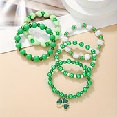  5-Piece St. Patrick's Day Green Bracelet Set, Multi-Layer Elastic Bracelets with Acrylic & Wood Heart Beads and Shamrock Charms, Unisex Irish Festival Party Jewelry Gift