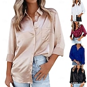 baratos Blusas Simples-Mulheres Blusa Botões Côr Sólida Elegante Diário à moda Manga Longa Colarinho de Camisa Tops regulares Diário Azul Preto Branco Vinho Bege Verão Outono