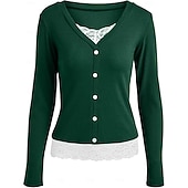 baratos Camiseta lisa-Mulheres Blusa Renda Patchwork Botões Côr Sólida Elegante à moda Casual Manga Longa Decote V Tops regulares Diário Preto Rosa Vermelho Marron Verde Primavera Outono Inverno
