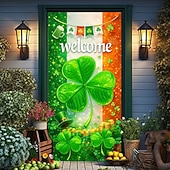 cheap Holiday Tapestries-St. Patrick's Day Door Cover, Irish Flag Background with Giant Clover, "Welcome" Greeting, Festive Entrance Decoration for St. Patrick's Day Celebration.