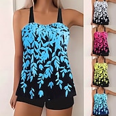 abordables Tankinis-Maillot de bain Tankini femme 2 pièces Shorts Contrôle du ventre Taille haute Slim Dos nu Vacances Plage Vêtements Feuilles V Cou Sans Manches