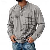 preiswerte Vintage&amp;amp;Retro-Herren Nautisch Segelboot Henley Hemd T-Shirt Langarm Täglich Retro Vintage Lässig Lässig Ferien Ausgehen Frühling Frühling &amp; Herbst Ganzjahres Grau Hellblau Purpur Khaki Henley Henley T-Shirt