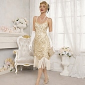 abordables Vestidos de los años 20-Rugido 20s 1920s Hasta la Rodilla Vestidos Fiesta de Boda Despedida de soltero Sin Mangas El gran Gatsby Invitado a la boda Lentejuelas Borlas Camiseta con cuello redondo Disfraz Mujer Navidad
