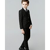 cheap Ring Bearer Suits &amp; Outfits-5 Pieces Ring Bearer Suit Boys' Kids Suit Blazer &amp; Vest &amp; Pants &amp; Shirt &amp; Tie Boy's Formal Suit Casual Outdoor Party Fashion Cool Basic Solid Color Pocket Buttons Black Navy Blue Polyester