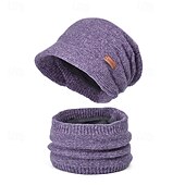 abordables chauffage et refroidissement-Ensemble bonnet et cache-cou en maille pour femme, bonnet thermique doublé polaire avec visière et protection des oreilles, ensemble bonnet et écharpe chauds en maille pour les voyages de ski et