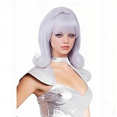 cheap Historical Wigs-Vintage Short Wavy White Silver Wig with Bang Retro Bouffant Beehive Wigs fits 80s Costume or Halloween Party