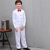 abordables Costumes et Tenues de Porteur d'Anneau-Costume de garçon d'honneur 4 pièces avec gilet &amp; chemise  &amp;Pantalon garçon, costume habillé décontracté, tenue de soirée tendance pour les fêtes en extérieur, basique et élégant, couleur unie bleu,