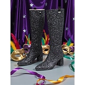 tanie Buty damskie-Kobiece różowe buty na kolano z brokatem i szerokimi obcasami – Iskrzące odważne oświadczenie mody idealne na karnawał festiwale i imprezy kostiumowe