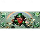 cheap Holiday Tapestries-St Patrick's Day Garage Door Cover, Green Four-Leaf Clover &amp; Gold Coin Design, Festive Holiday Wall Banner, St. Patrick's Day Party Decoration for Garage or Home.