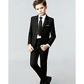 cheap Ring Bearer Suits &amp; Outfits-5 Pieces Ring Bearer Suit Boys' Kids Suit Blazer &amp; Vest &amp; Pants &amp; Shirt &amp; Tie Boy's Formal Suit Casual Outdoor Party Fashion Cool Basic Solid Color Pocket Buttons Black Navy Blue Polyester