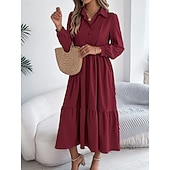 cheap Plain Dress-Women's Midi Dress A Line Dress Casual Daily Regular Fit Plain Long Sleeve Lapel Blue Navy Wine Green Spring