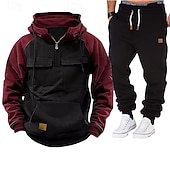 baratos moletons básicos-Homens Moletom Moletom com capuz e calças Conjunto Capuz Diário Ao ar livre Férias Roupa Diária Patchwork Bolsos Half Zip Bloco de cor Azul Vermelho Vinho Preto Roupas Esportivas Esportes Moda Outono