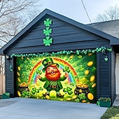 levne Prázdninové gobelíny-Nástěnná malba garážových dveří na Den svatého Patrika, radostný skřítek s duhou, jetel &amp;Hrnec zlata, slavnostní venkovní dekorace pro oslavu Dne svatého Patrika.