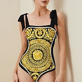 رخيصةأون مايوه قطعة واحدة-الملابس السباحة النسائية بدلة قطعة واحدة بوهيمية نمط النمر تنورة تحكم في البطن خصر عالي نحيف خلفي للعيد على الشاطئ مزخرفة برسومات زهرية بياقة هالتر بدون أكمام