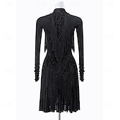 Χαμηλού Κόστους αγωνιστικό φόρεμα-Γυναικείο μαύρο φόρεμα λάτιν χορού με χάντρες και κρόσσια - ασύμμετρη στολή χορού με μακριά μανίκια και λαιμόκοψη choker