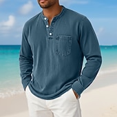 economico magliette di base-Per uomo Maglia Henley Camicia 100% cotone lavaggio acido Manica Lunga Henley Primavera Autunno Tutte le stagioni Tinta unica Vintage Retrò Vintage Casual Stile Vintage Tinto in capo Lavato Casuale