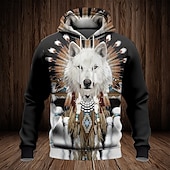 economico Hoodie Etnici Vintage-Per uomo Lupo Tribale Felpa con cappuccio Felpa Moda Etnico Vintage Retrò Manica Lunga Girocollo All'aperto Viaggio Feste Regalo Blu Marrone Coulisse Autunno Inverno progettista S M L XL XXL XXXL