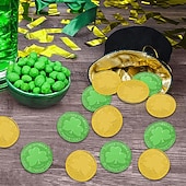 tanie Dzień Świętego Patryka-Złote monety na dzień św. Patryka - 100/200 sztuk złotych zielonych monet na szczęście, plastikowe monety koniczyna skrzat, moneta z 3-listną koniczyną do dekoracji i upominków na imprezę