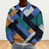 billiga Geometrisk pikétröja för män-Herr Färgblock Geometrisk Våffelpikétröjor Långärmad Polotröjor Kavajslag Sportkläder Ledigt Skola Fritids- Dagliga kläder 3D-utskrift Vår Höst Vinter Blå Rubinrött Orange