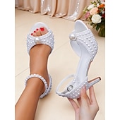 economico sposa-sandali da sposa con tacco alto decorati con perle e cinturino alla caviglia, eleganti scarpe da sposa aperte per la sposa, tacchi di lusso decorati con perle per la cerimonia &amp;ricezione