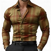 billige Herresatengskjorte-Herre Geometrisk Gitter / Teppe Skjorte Sateng skjorte Dresskjorter Langermet Business Casual Feriereise Hverdag Sommer Vår Høst Aftæpning 3D-utskrift Skjorter med knapper Svart Militærgrønn