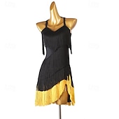 baratos vestido de competição-preto feminino &amp;Vestido de dança latina com franjas douradas - decote halter bicolor para rumba, salsa, cha-cha e dança de salão.