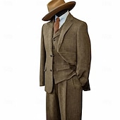 abordables Trajes formales-De los hombres Trajes de tweed Negocio Boda Azul Piscina Caqui Claro Otoño invierno Traje Solapa de Pico Negocios Retro Antiguo Espiga A Medida Juego de 3 piezas Recto 2 botones