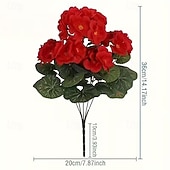 levne Umělé květiny-6 větví, kytice z umělých pelargónií odolných proti UV záření, 30 stonků/větví, zářivě červené květy s bujným zeleným olistěním, realistická plastová dekorace do interiéru/venkovního prostředí,