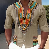 baratos Camisa Vintage-Homens Estampa Geométrica Étnico Cultura indiana Camisa Social camisa de botão Camisa de gola alta Manga Longa Vintage retrô Diário Ao ar livre Férias Primavera Outono Colarinho Mandarim Faixa