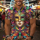 economico Festival-Per uomo Polo Polo con zip a un quarto Quotidiano Carnevale Zip a un quarto Manica Corta Moda Essenziale Grafico Maschera Stampa 3D Estate Primavera Vestibilità su misura Viola scuro Oro Viola Polo