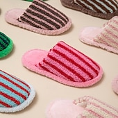 cheap Home Slippers-Cotton Slippers for Women Closed Toe Color Block Plush Striped Furry Indoor Home Soft Cozy House Slippers