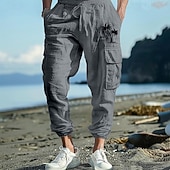 baratos Feriado-Homens Corredores Calças de linho Calças Calça verão Calças de praia Com Cordão Cintura elástica Bolso com aba Côr Sólida Conforto Respirável Diário Ao ar livre Praia Férias Moda Preto Branco