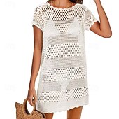 preiswerte Strandkleider-Damen Badeanzug Überwurf Bademode Ausschnitt Gehäkelt Urlaub Strandbekleidung Einfach Rundhals Kurze Ärmel Badeanzüge