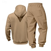 baratos Basic Tracksuits-Men's Hoodie Tracksuit Hoodie &amp; Pants Set Hoodie Daily Outdoor Vacation Daily Wear Drawstring Zip Up Plain Black Navy Blue Khaki Activewear Sports Fashion Fall