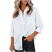 baratos Blusas Simples-Mulheres Blusa Botões Côr Sólida Elegante Diário à moda Manga Longa Colarinho de Camisa Tops regulares Diário Azul Preto Branco Vinho Bege Verão Outono
