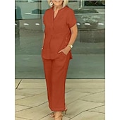 preiswerte Wesentliche Faux Co-ord Sets-Damen Kunstbaumwollleinen Kurzarm V Ausschnitt Einfach Mode Streetwear Täglich Lässig Täglich Blau Marineblau Purpur Sommer Normale Passform