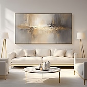 baratos Pinturas a Óleo-Pintura abstrata dourada de um lago, pintada à mão sobre tela, paisagem metálica moderna com textura, arte de parede para sala de estar em tons neutros de cinza e bege, decoração de luxo.