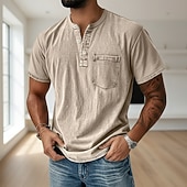 cheap Casual Henley Tee-Men's Henley Shirt 100% Cotton Acid Wash Shirt T shirt Tee Short Sleeve Solid Retro Vintage Casual Vintage Style Washed Henley Casual Summer Spring Fall Black Pink Light Green Henley T-Shirt