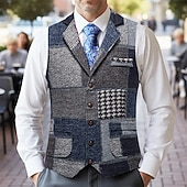 זול ג'קט גברים-בגדי ריקוד גברים וסט חֲזִיָה Gilet חופשה מפלגה עֵסֶק אופנתי יום יומי אביב סתיו כיס כפתורים פוליאסטר נוח משובץ חזה יחיד כפתור יחיד דש רגיל פול יין כתום כחול כהה אֵפוֹד