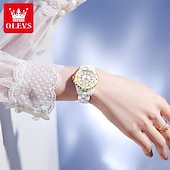 billiga Kvartsklockor-Den nya Olevs mors dags present för damens mode och högklassig klocka med lysande visare och digital visning vit keramik koreansk version student kvartsur avslappnad vattentålig armbandsur