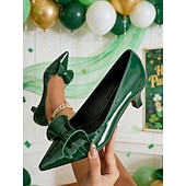  Gröna damklackade slingback-klackar i konstläder med rosett – snygga och bekväma stilettklackar för St. Patrick's Day-firanden, fester och högtider