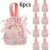 abordables Cadeaux-Lot de 6 élégants sacs cadeaux à cordon coulissant, à motif floral et poignées - rose pâle - parfaits pour les mariages, anniversaires, fêtes prénatales - fermeture sécurisée - idéaux pour les cadeaux