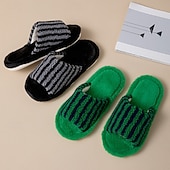 billige Hjem Tøfler-bomullstøfler for kvinner åpen tå stripete fargeblokk plysj innendørs hjem myke koselige pelskledde tøfler designerstil