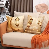 cheap Throw Pillows,Inserts &amp; Covers-Ramadan Eid Throw Pillow Cover, Gold Crescent Moon &amp; Oil Lamp Print, Ethnic Festival Decor, Sofa Cushion for Living Room and Prayer Room, Holiday Accent Pillow